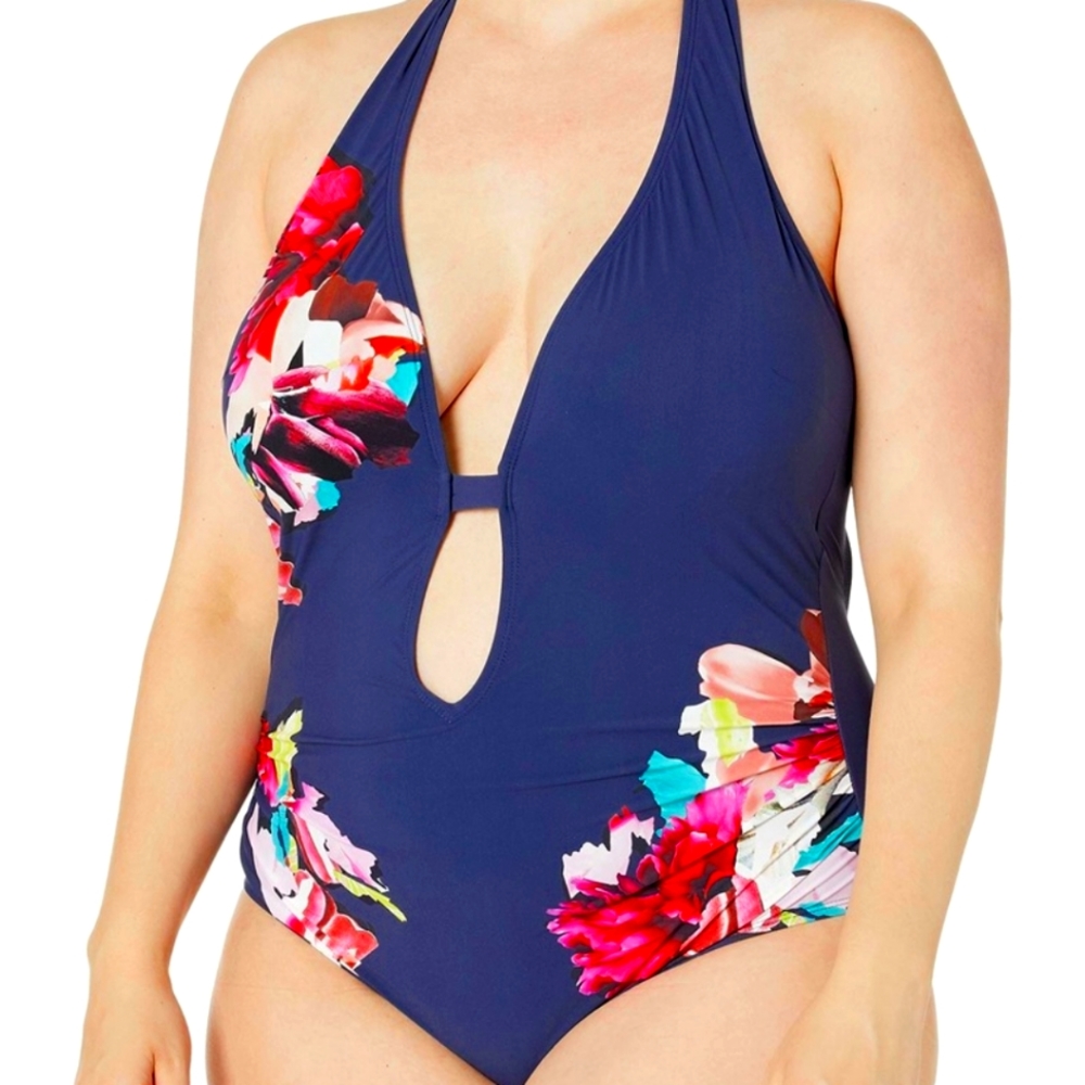 Kenneth Cole Tummy Toner Swimsuit Navy and Floral Size 3X New!